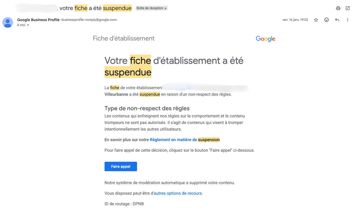 Email fiche Google suspendue